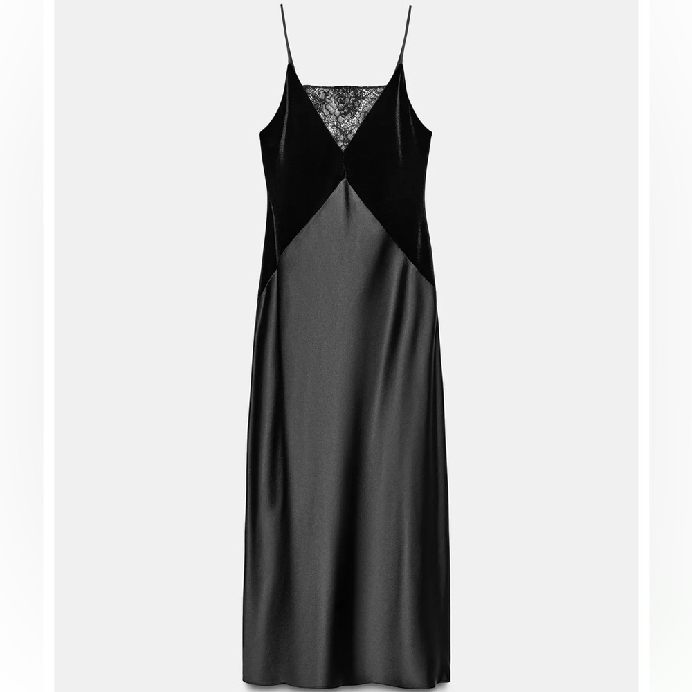 Zara Black Satin Chemise with Lace Detail